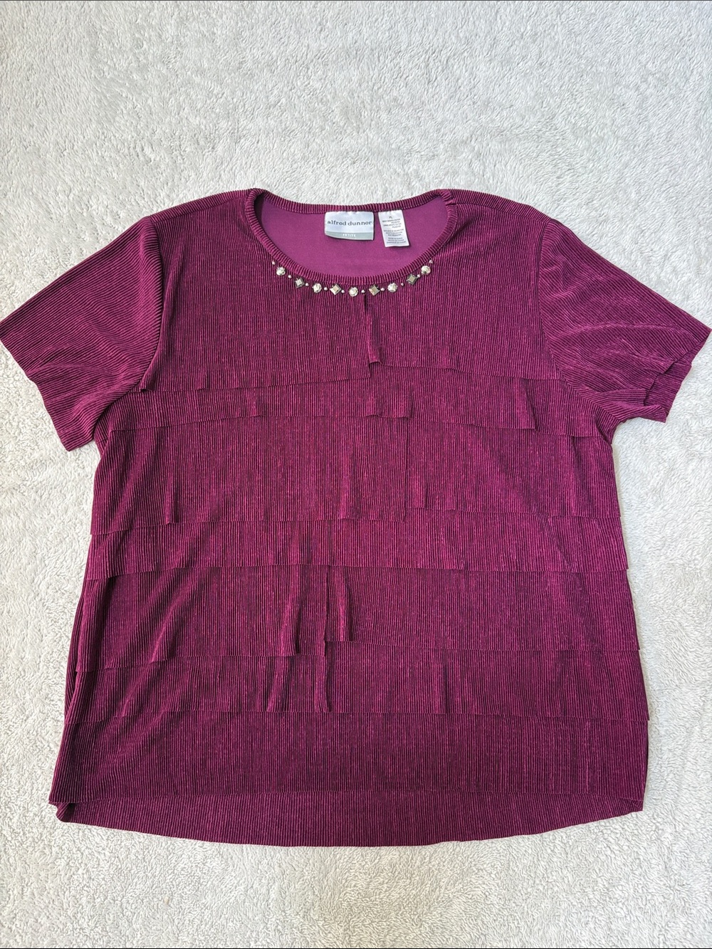 Alfred Dunner Plum Short Sleeve Jewel-Embellished Ruffle Tee